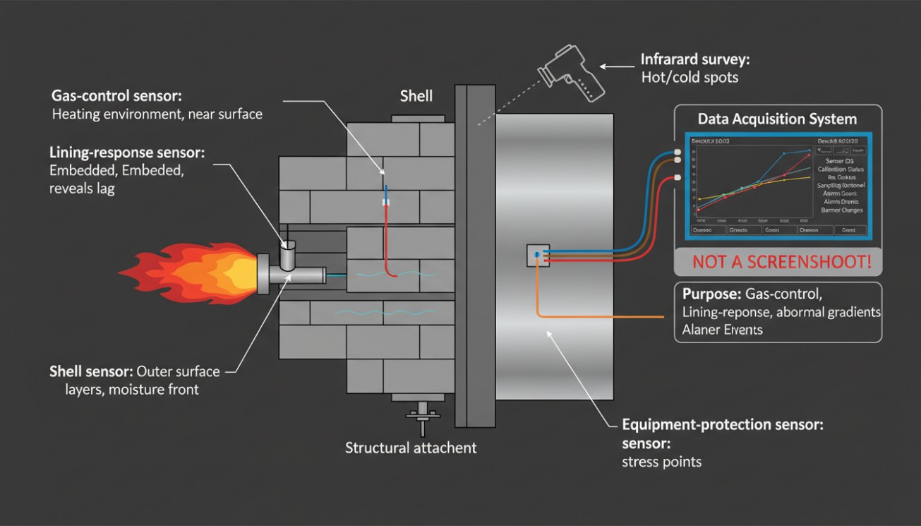 Gas-control, lining-response, shell, infrared, and equipment-protection sensors connected to a dry-out data system